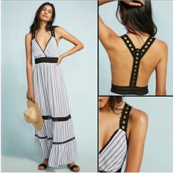 Anthropologie Lilka Black & White Striped Maxi Y-Back Dress ~XS - Picture 1 of 16